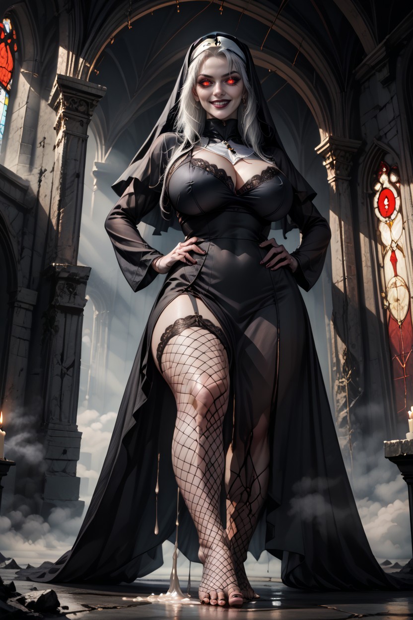 A Hyper Realistic Cinematic Portrait Of A Demonic Nun Standing In A Dark Gothic Cathedral, Backlit, Low Angle Hentai AI Porn