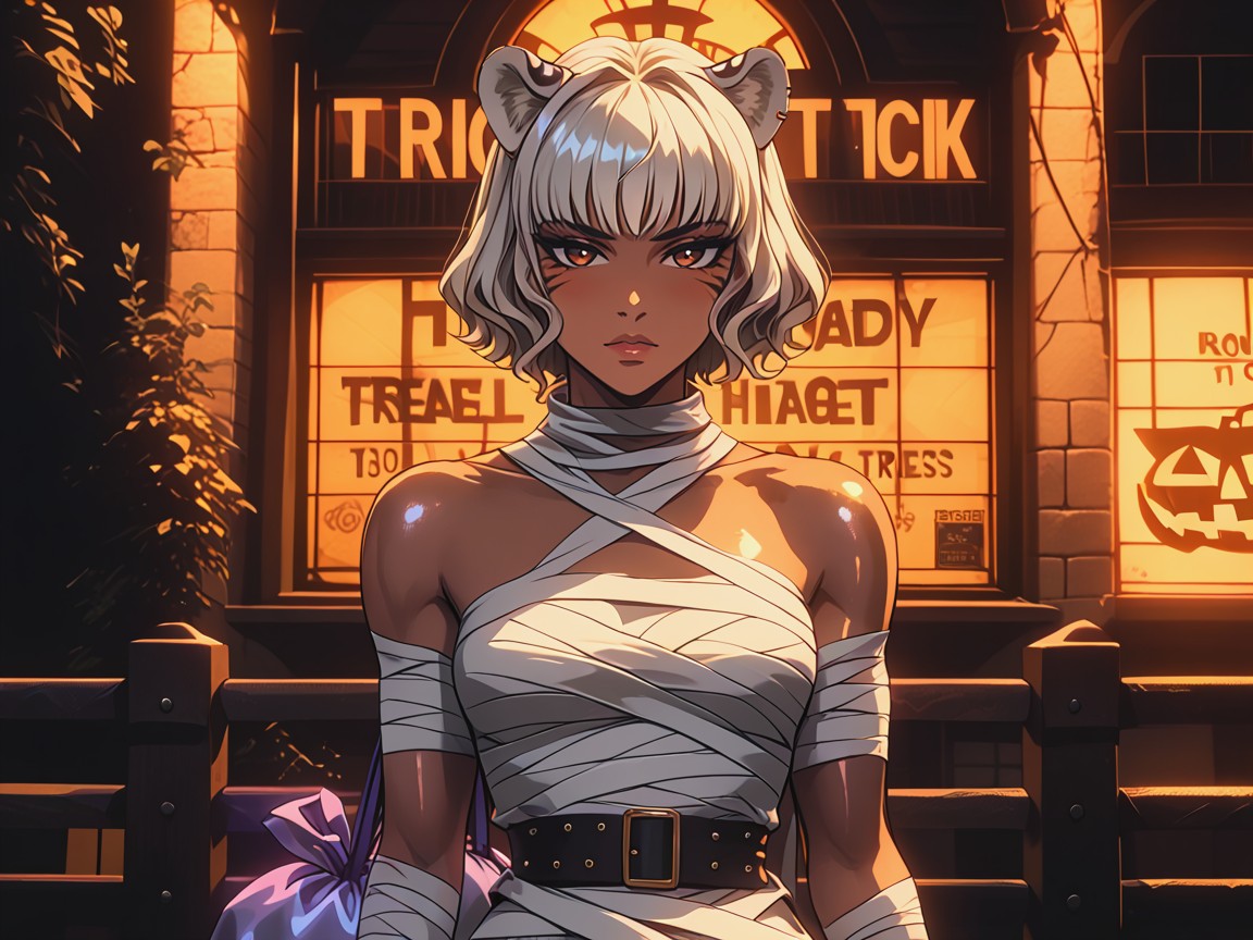 Squared Massive Ass, Jack O Lanterns In Distance, Black Bobcut Hair With Silver Highlights Porno latina IA