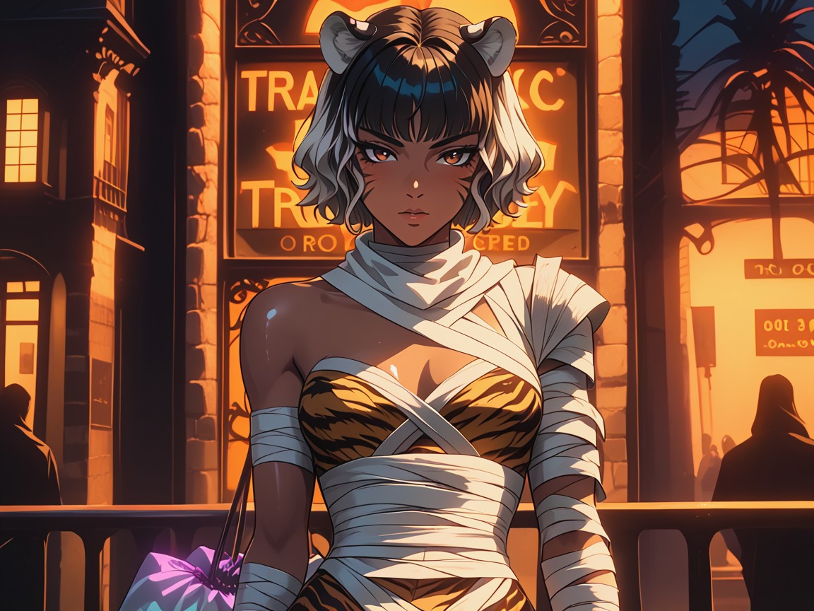 Wearing Silver Tiger Print Halloween Clothes, Golden Brown Tan Skin, Mummy Wraps Dangling From Arms Porno latina IA