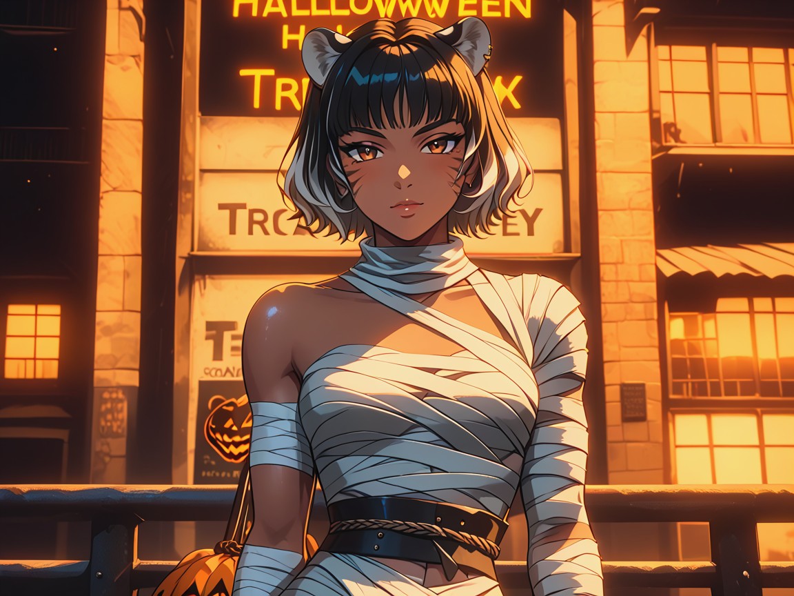 Silver Tiger Print Mummy Wraps, Jack O Lanterns In Distance, Silver Sash Belt Latina AI Porn