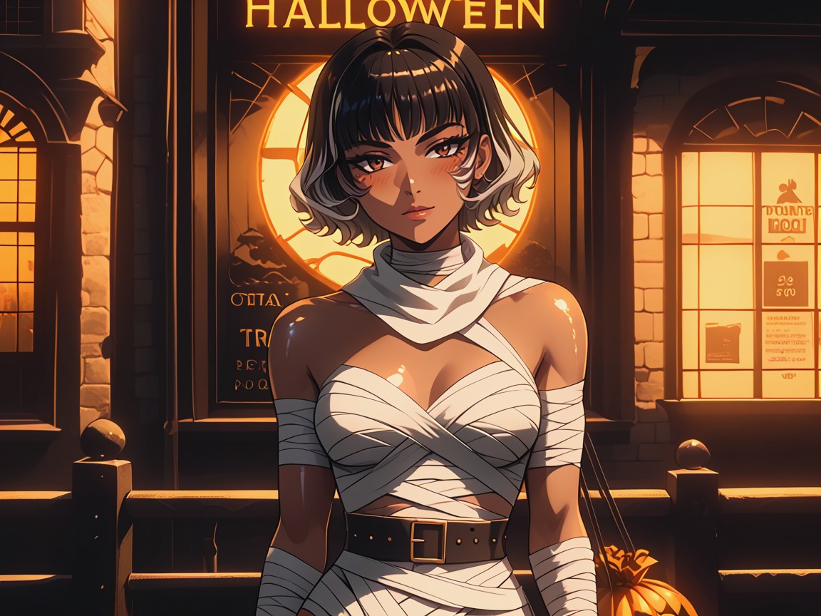 Brown Eyes, Arms Out To Viewer, Woman Holding Tiger Trick Or Treat Bag Porno latina IA