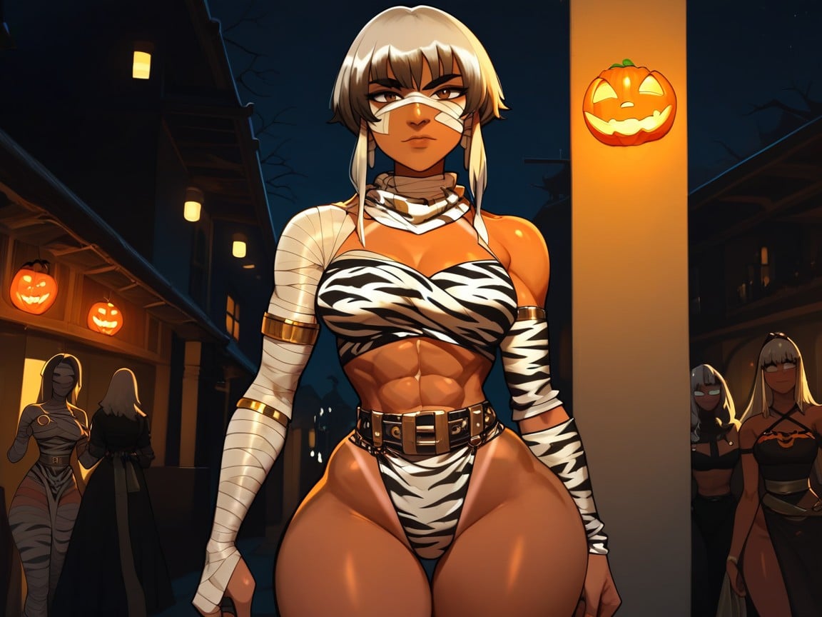 Silver Tiger Print Neck Scarf, Low Torso Height, Black Bobcut Hair With Silver Highlights Hentai AI Porn