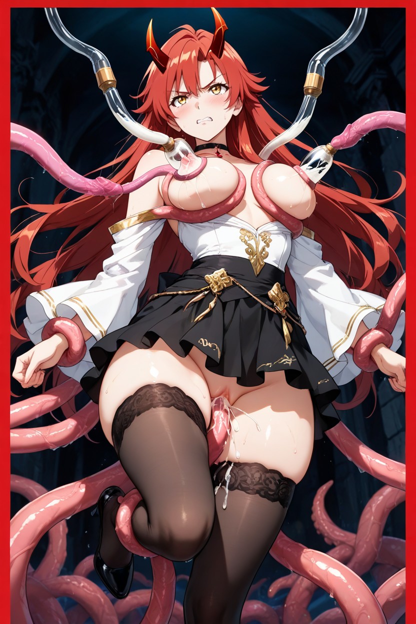 Double Penetration, Very Long Smooth Red Hair With Curved Tips, Shoulders Exposed Hentai AI Porn
