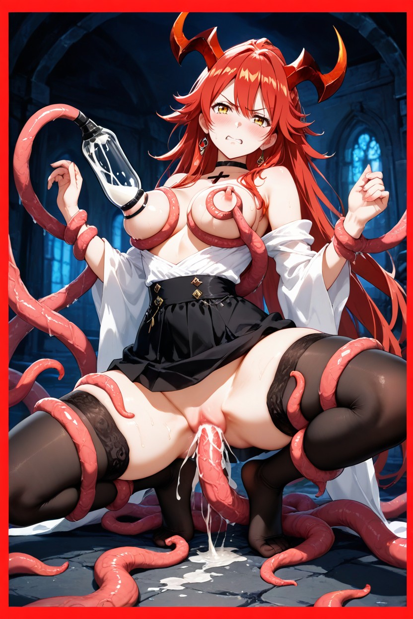 Hundreds Of Tentacles Invade Her Body, Double Penetration, One Leg Visible While The Other Covered By The Skirt Hentai AI Porn
