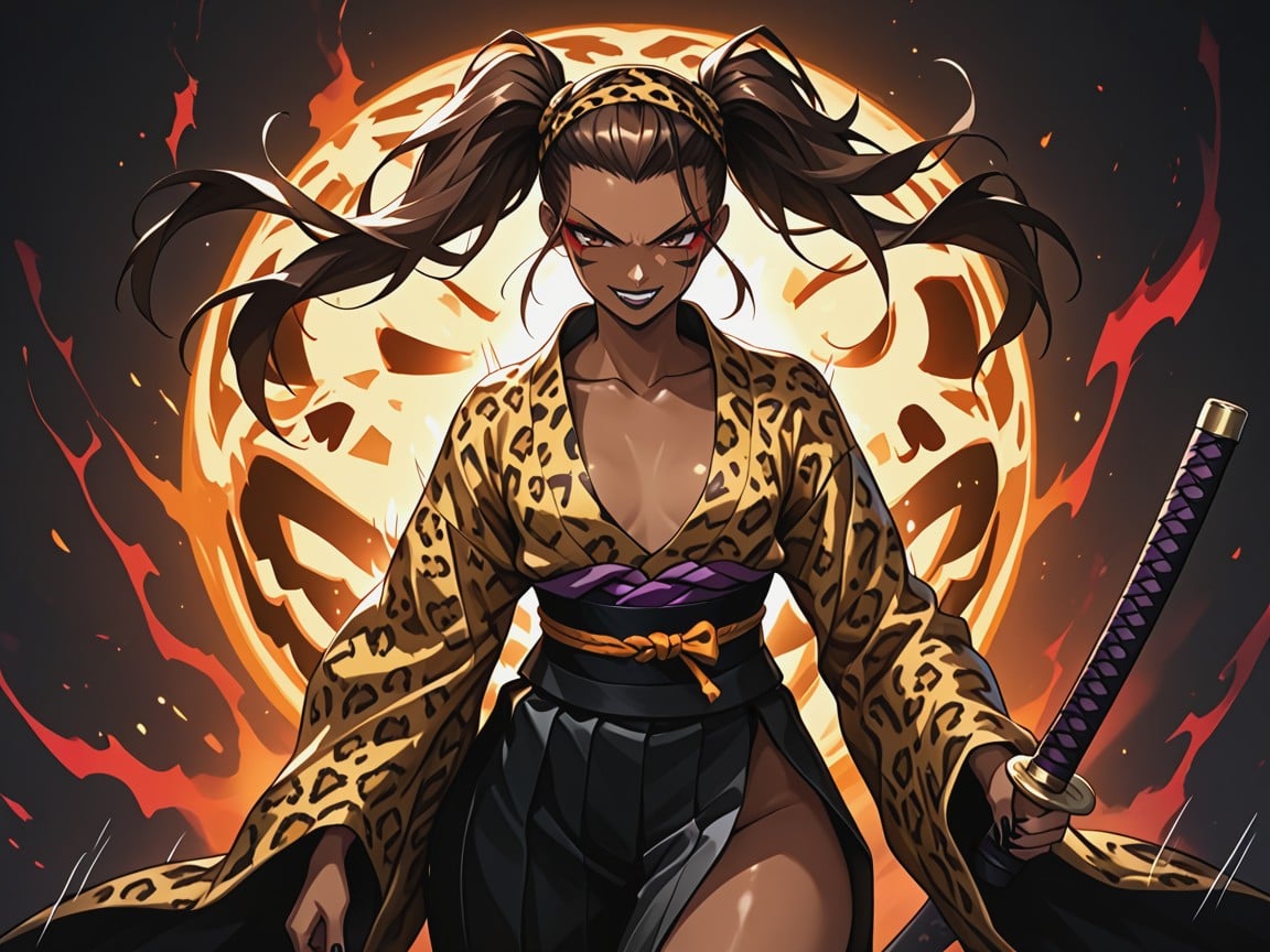 Wide Round Hips, Black Leopard Halloween Face Paint, Mischievous Pretty Face Hentai AI Porn