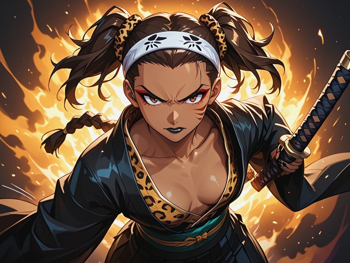 Sloped Shoulders, Kimono, Leopard Print Background Hentai AI Porn