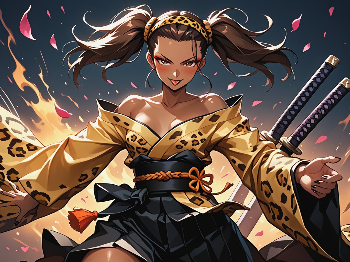 Lotus Flower Petals In Distance, Woman Unsheathing A Katana Sword, Sharp Brown Feline Eyes Hentai AI Porn