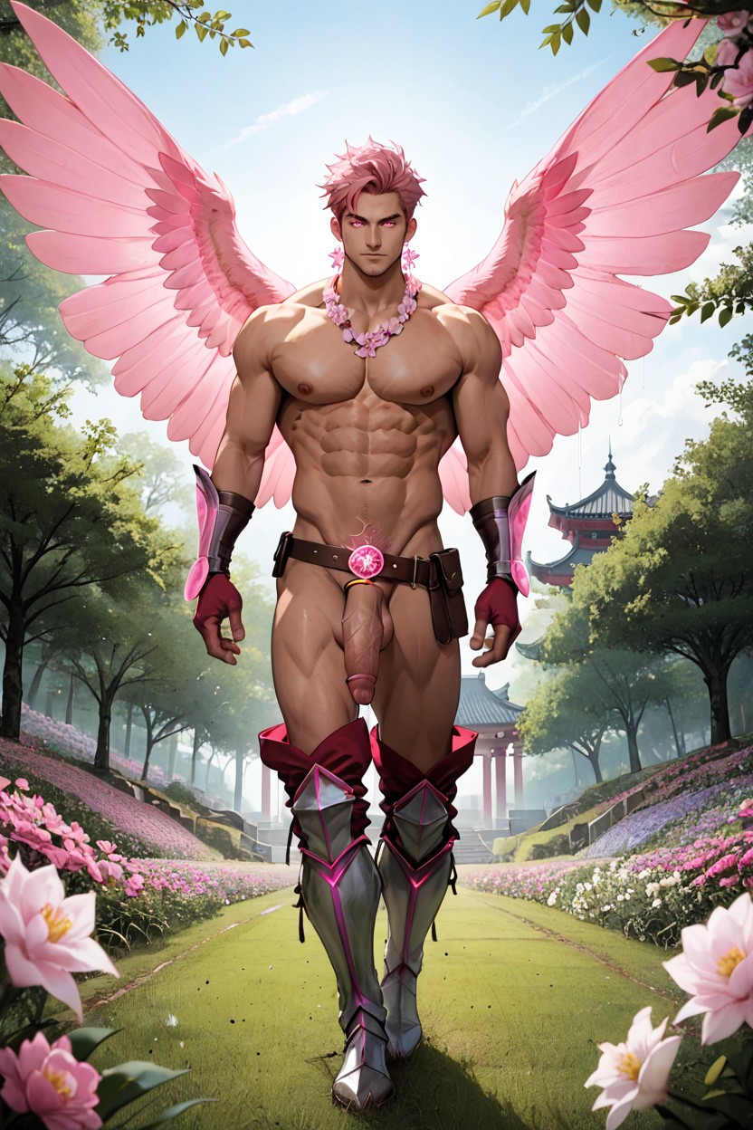 Petals Falling, Gigantic, Pink Orb In One Hand AI Gay Porn