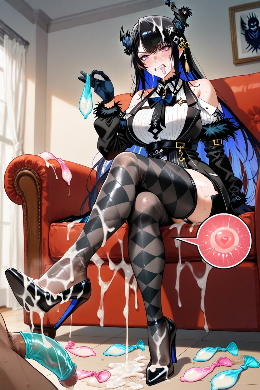 Wearing Condom, Holding Many Used Condom In Mouth, Cum On Face Hentai AI Porn