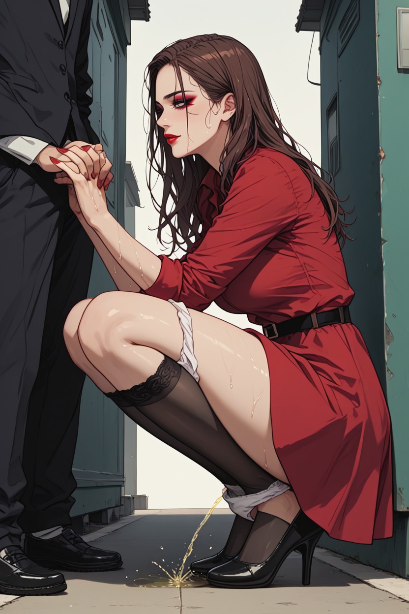 Smoky Eyes, Red Dress, Holding Her Dress With Hands Hentai AI Porn