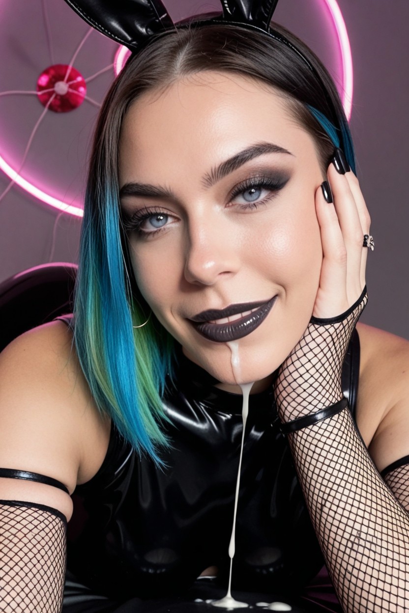 Looking At Viewer, Glossy Black Lipstick, Blue Eyes AI Porn