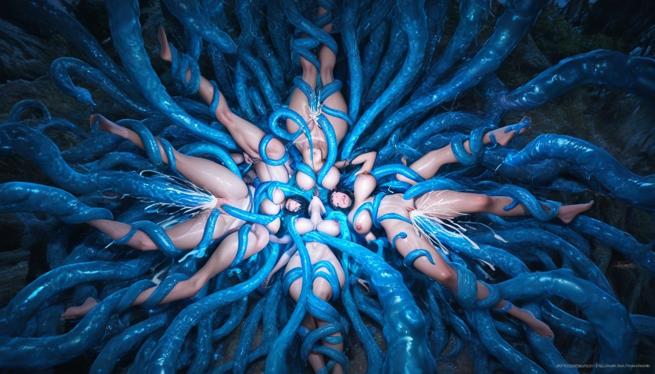 Tight Body, The Pale Ginger Woman Is Suspended In The Middle Of The Air By Multiple Tentacles, Blue Hour Hentai AI Porn