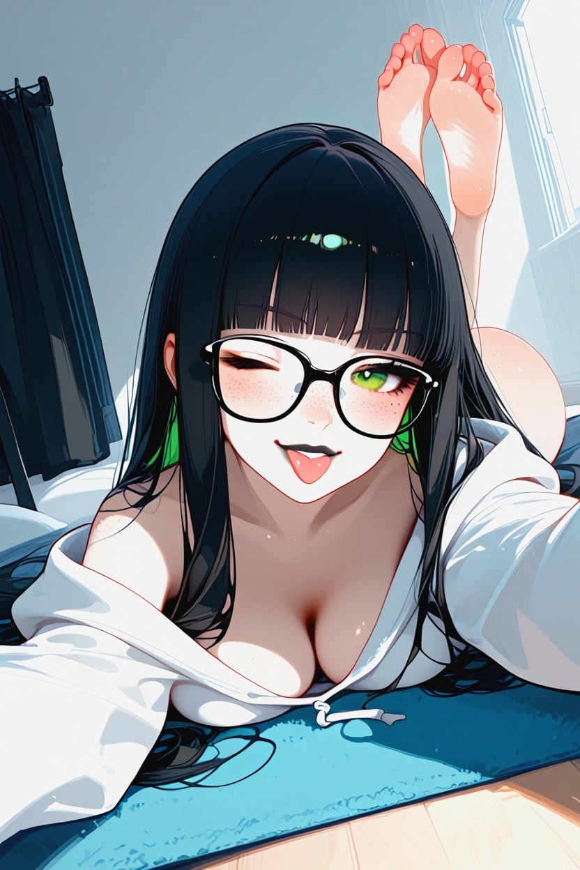 Pubic Hair, Barefoot, Black Square Glasses Hentai AI Porn
