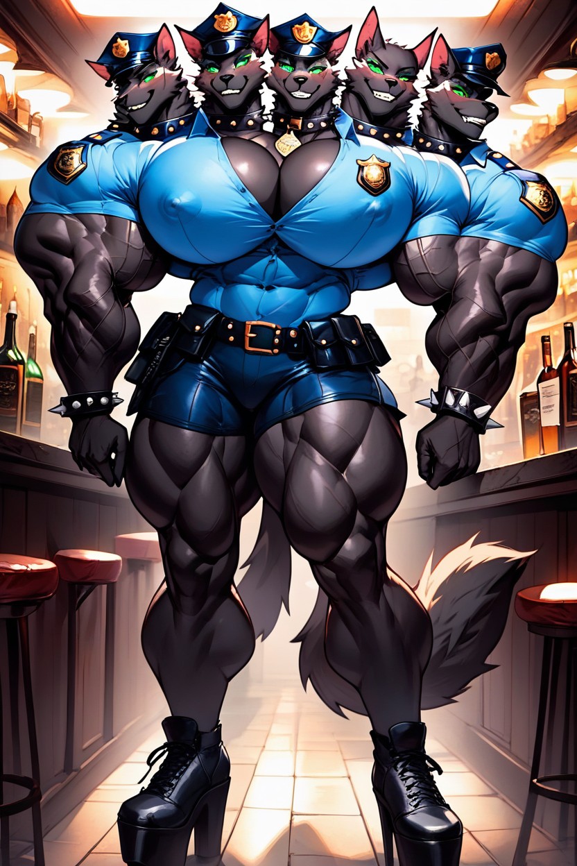 Spiked Bracelets, Police Uniform, Three Heads Furry AI Porn
