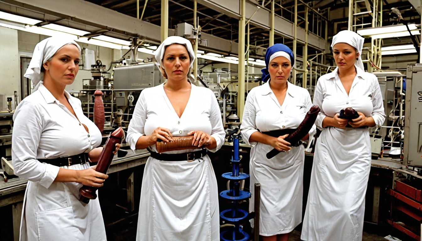 Other Factory Women Behind Her, Bored, Factory Dress With Sleeves AI Porn