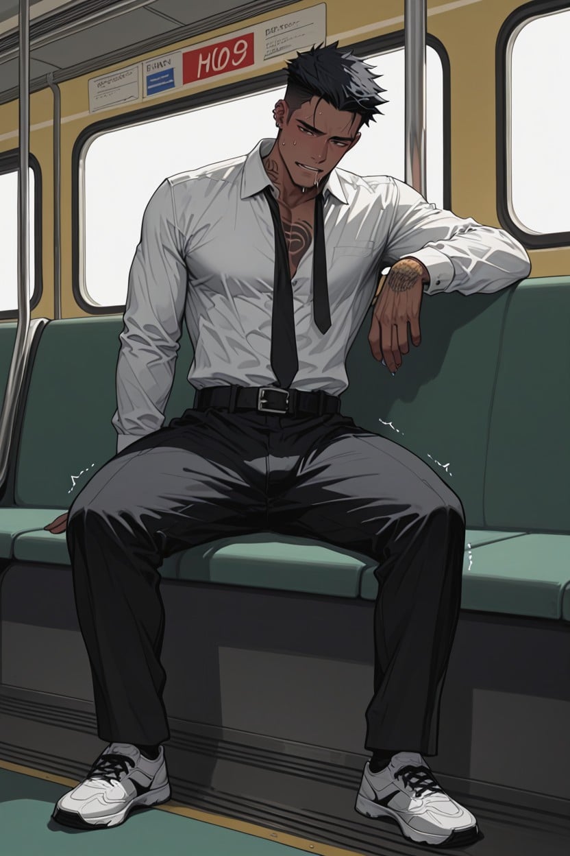 Trembling, Black Hair, Sitting Down Legs Spread AI Gay Porn