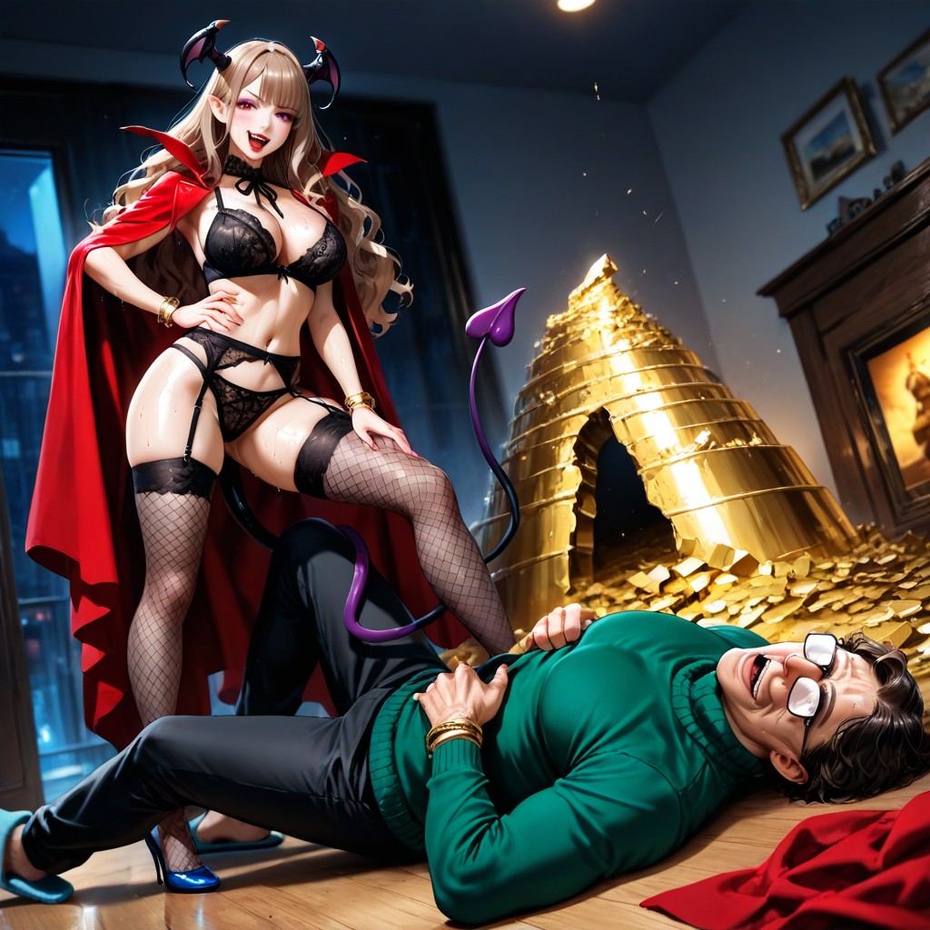 Dark Red Lips, Black Fishnet Lace Stockings, Two Shot Hentai AI Porn