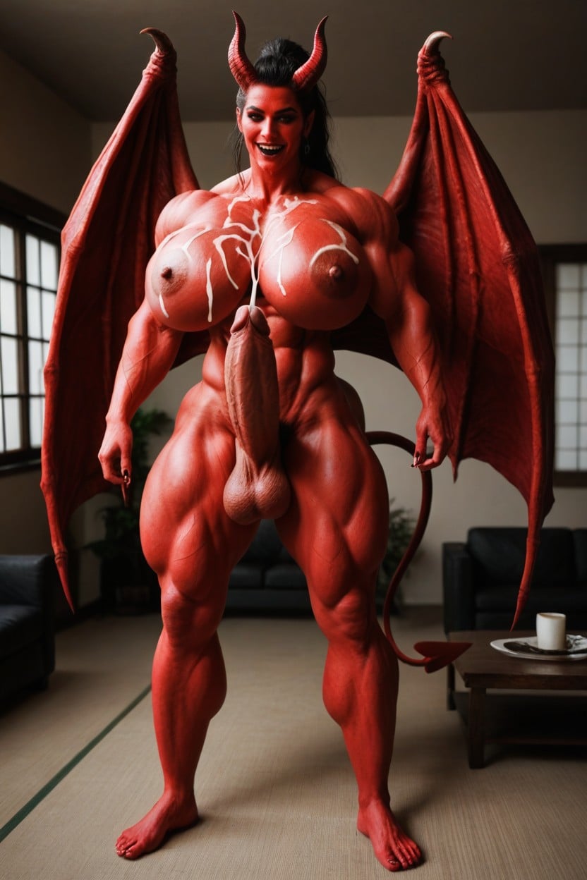 Cum Everywhere, Red Huge Breasts, Red Color Cock Shemale AI Porn