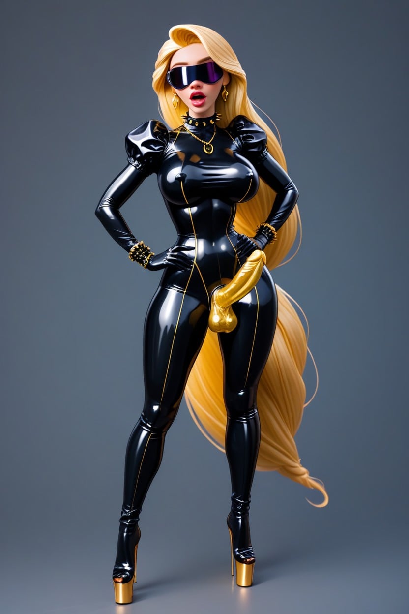 She Wears Spiky Metallic Collar And Spiky Bracelets On Wrists And Ankles, 25+, From Head To Toe In Transparent Latex AI Porn