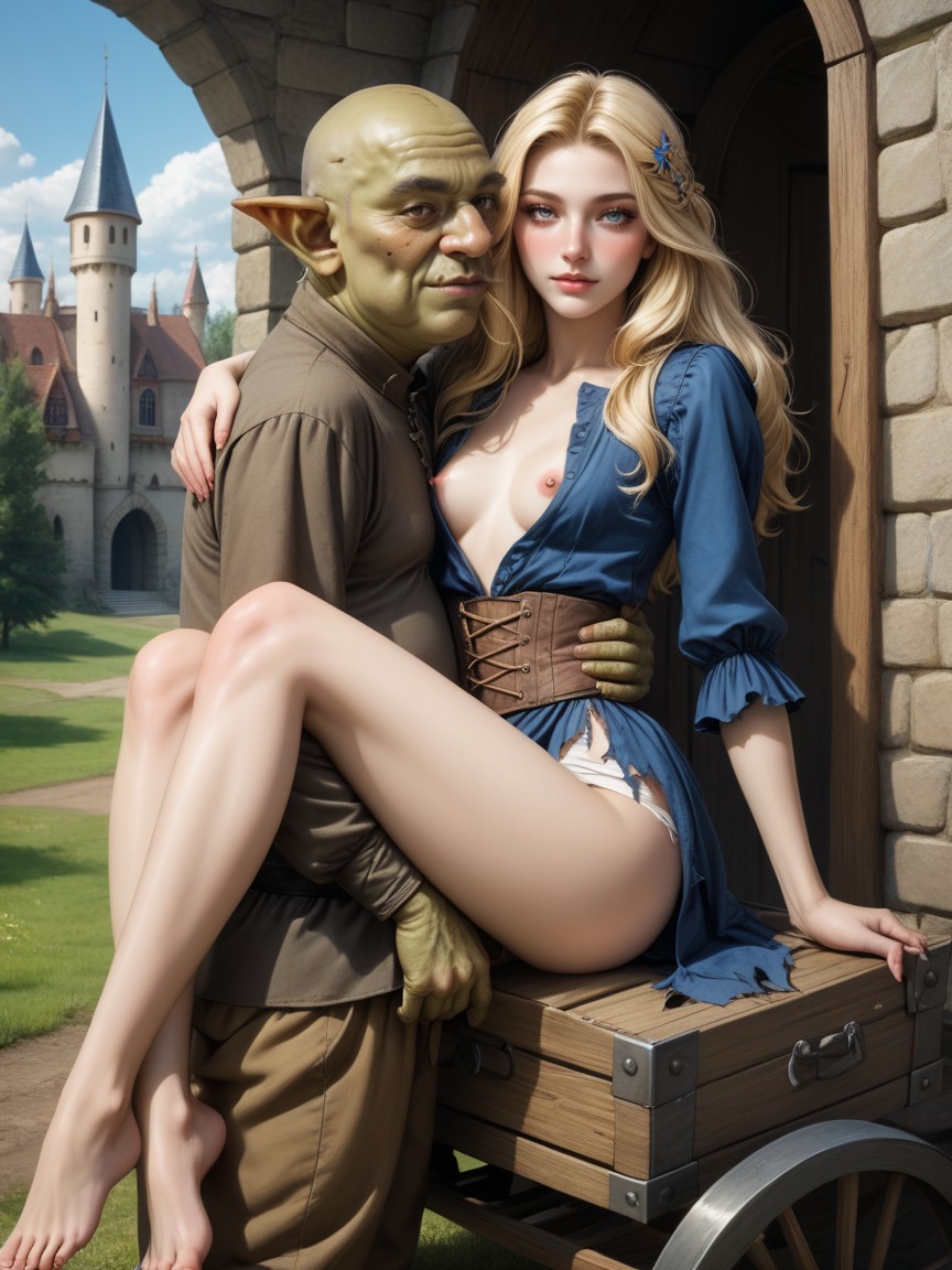 Happy, Skinny, Outside Medieval Castle AI Porn