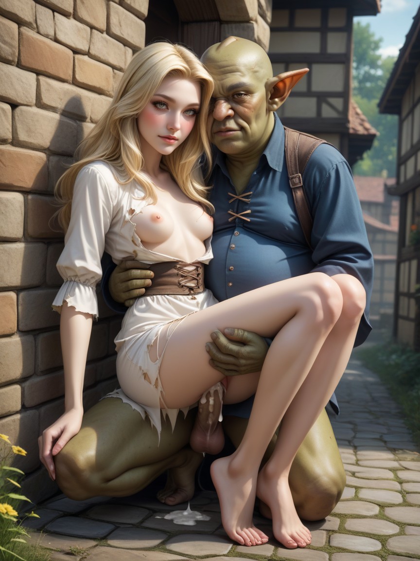 Arched Back, Long Legs, Half Size Ugly Goblin Hugging Her Waist AI Porn