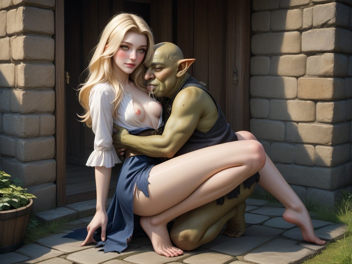 Arched Back, Happy, Half Size Ugly Goblin Hugging Her Waist AI Porn