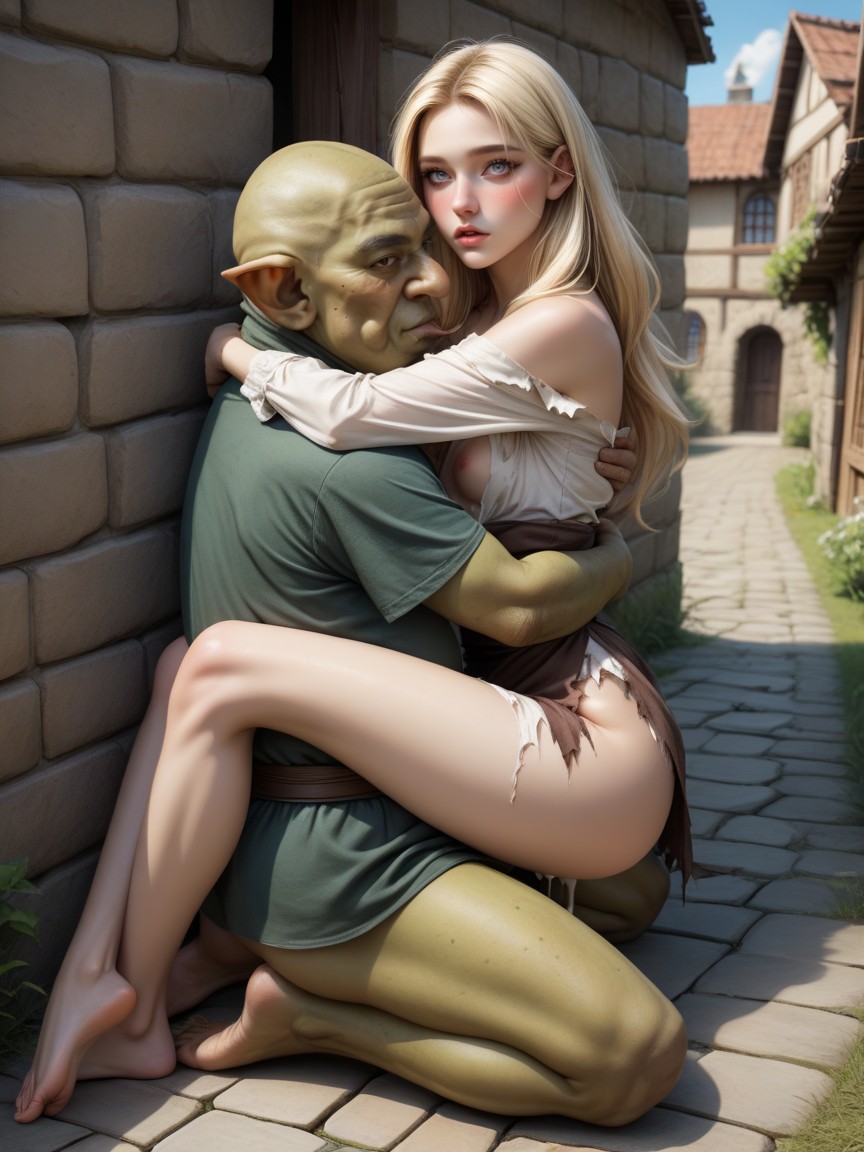 Torn Clothes, Looking At Viewer, Her Arms Hugging Head AI Porn