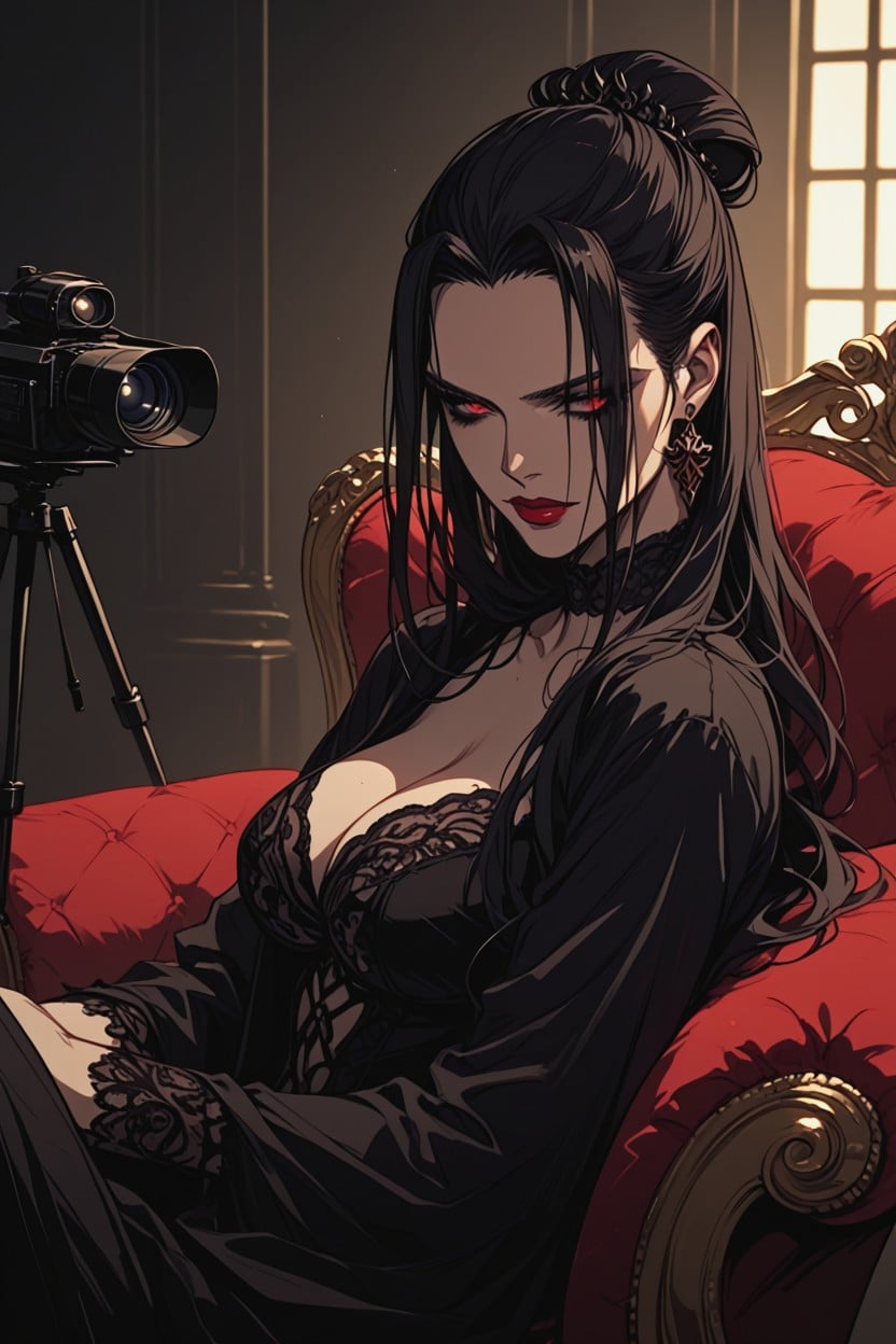 Flowing Hair Cascades Around Her Shoulders, 25+, Vintage Armchair The Setting Should Be Dimly Lit Hentai AI Porn
