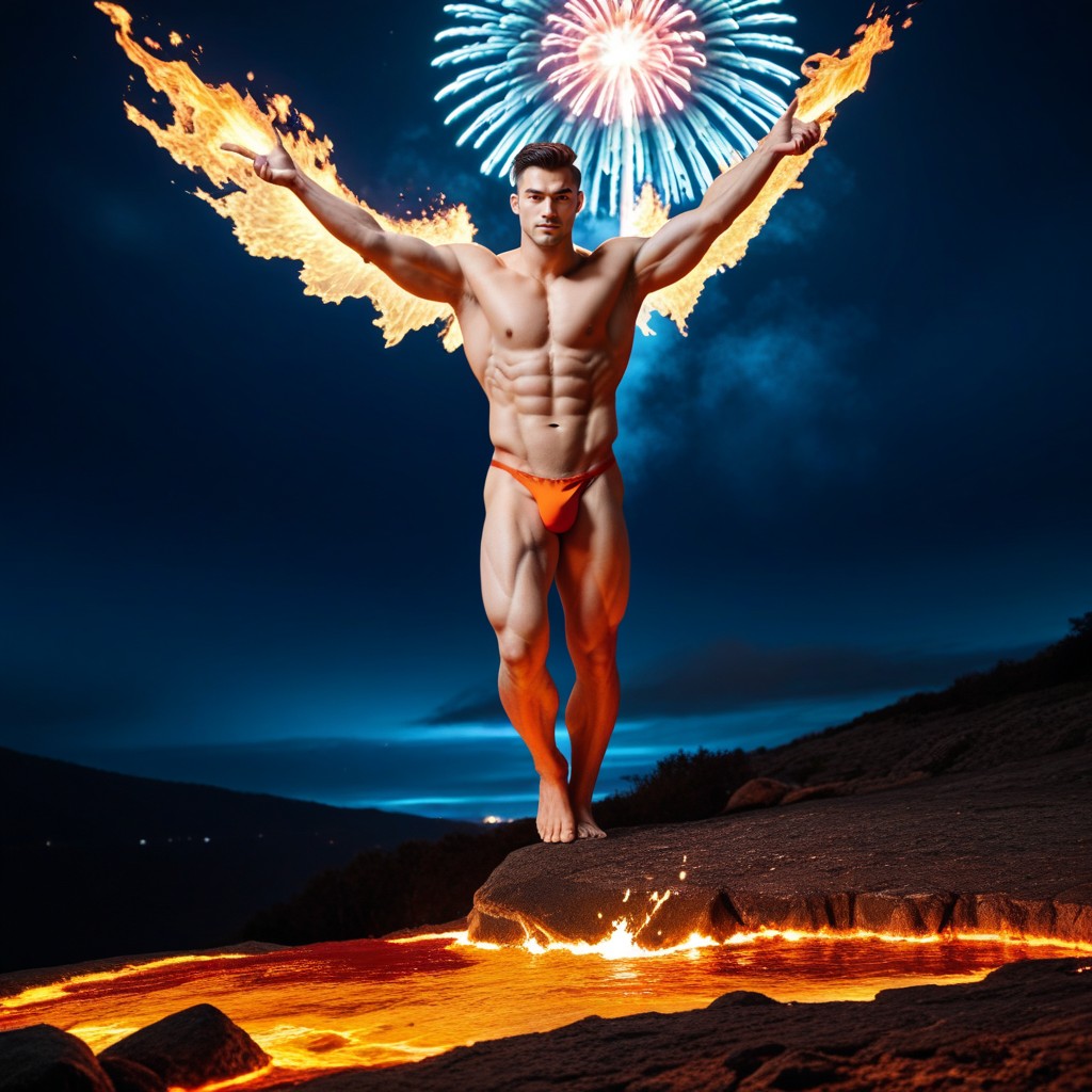 Ultra Detailed Anatomy, Intense Gaze, Rivers Of Glowing Lava AI Gay Porn
