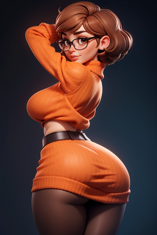 Orange Sweater, Rear View Of Very Massive And Round Ass Cheeks, Sexy Smirk Hentai AI Porn