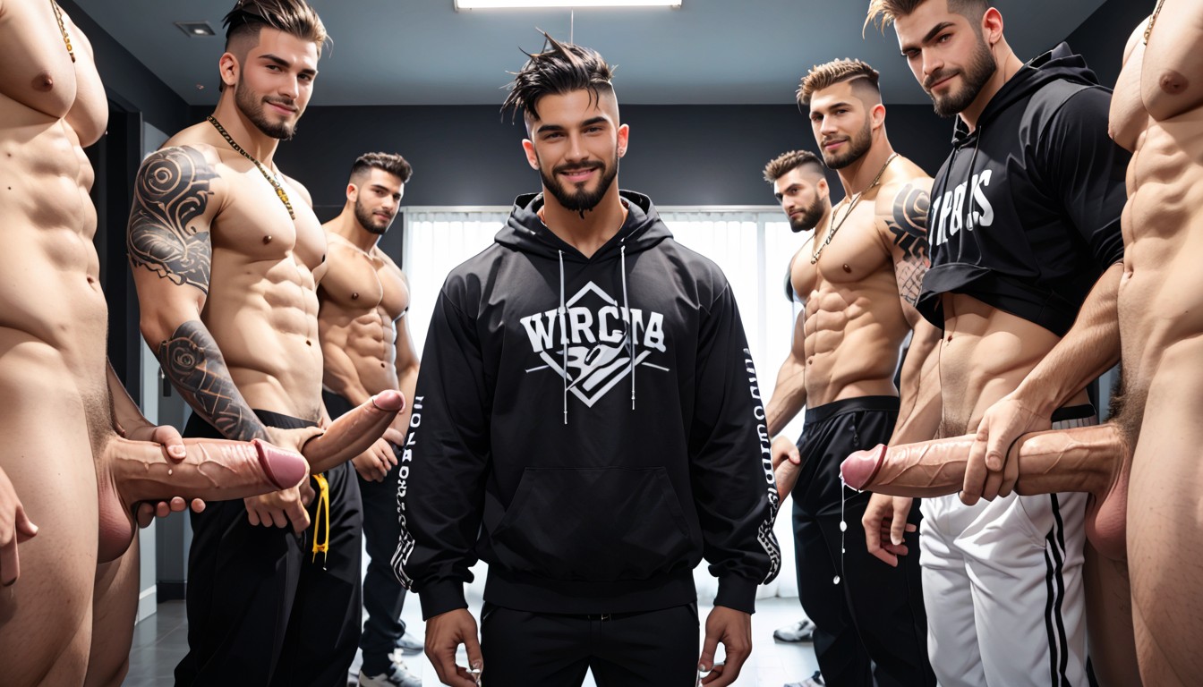 Black Walls, Abs Visible, Hair Covering Eyes AI Gay Porn