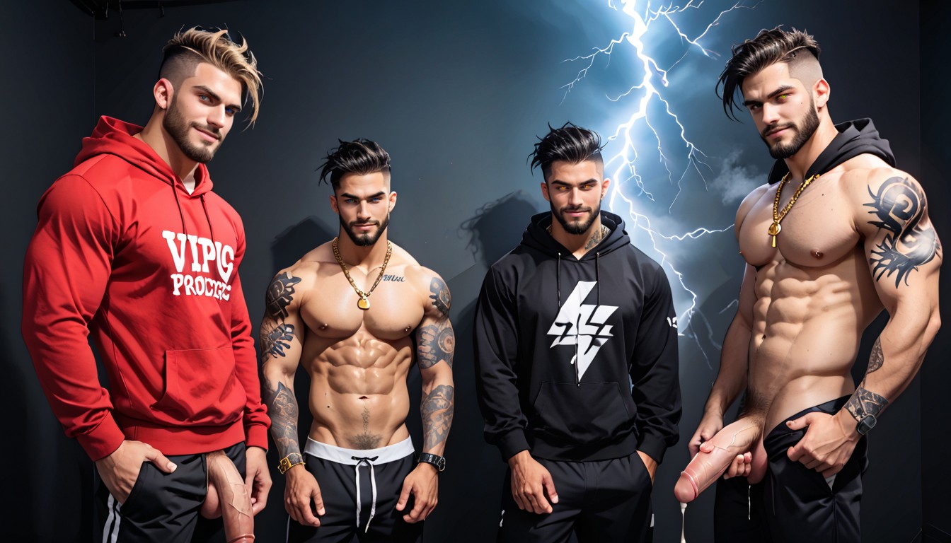 Strings Of Clear Precum, Gold Chains, Electricity Powers AI Gay Porn