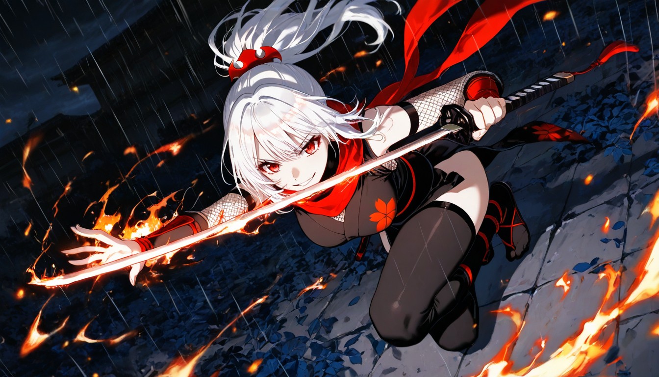 Strands Of Hair Flying, With Two Flaming Katana Swords, Mad Smile Hentai AI Porn