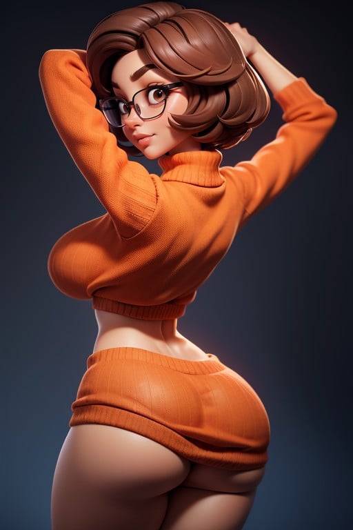 Very Short Hair, Large Dark Rim Glasses, Velma Is Fully Naked Hentai AI Porn