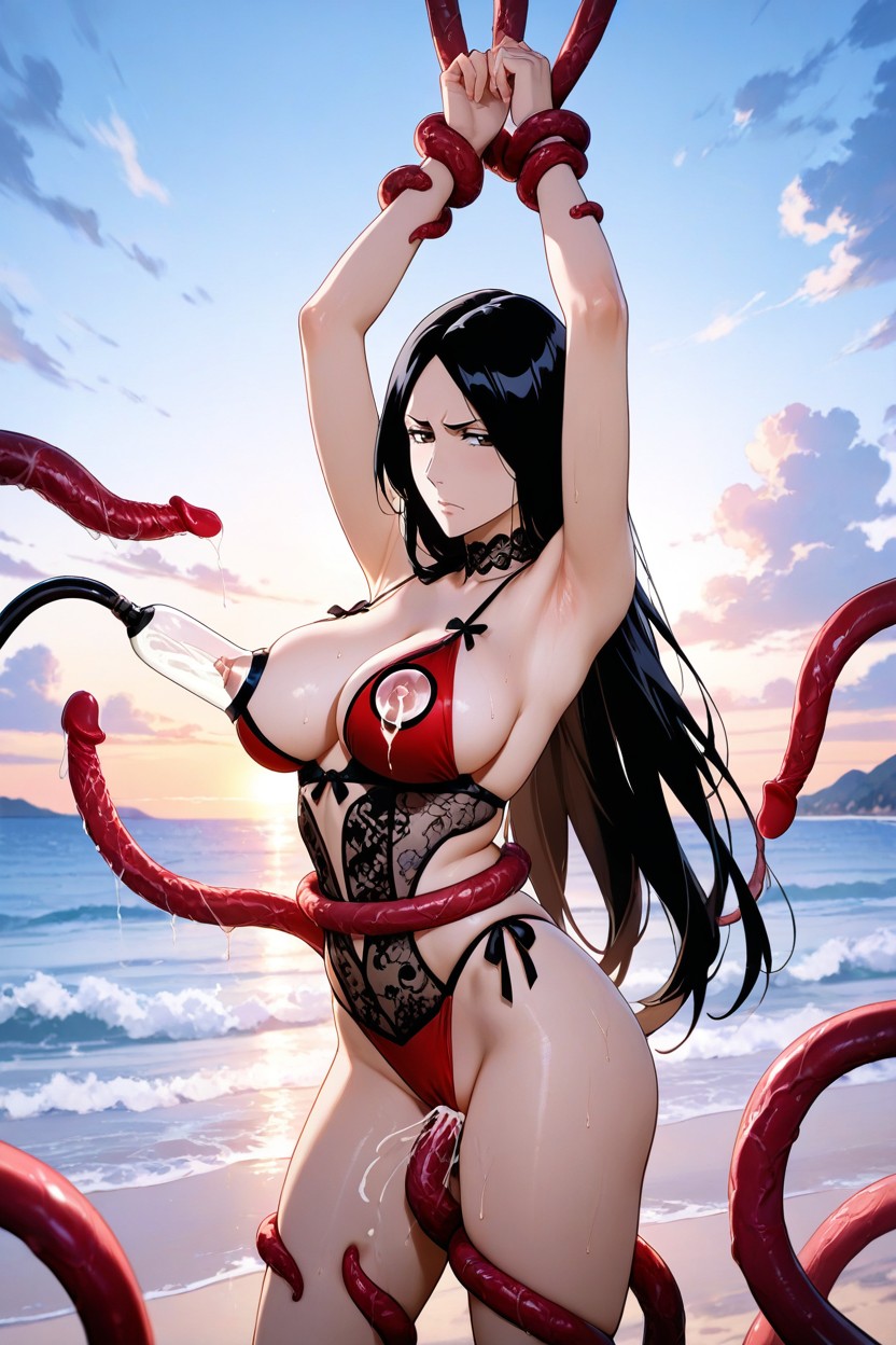Ribbon Details Connecting The Swimsuit Pieces, Hands And Feet Bound By Tentacles, Bored Hentai AI Porn
