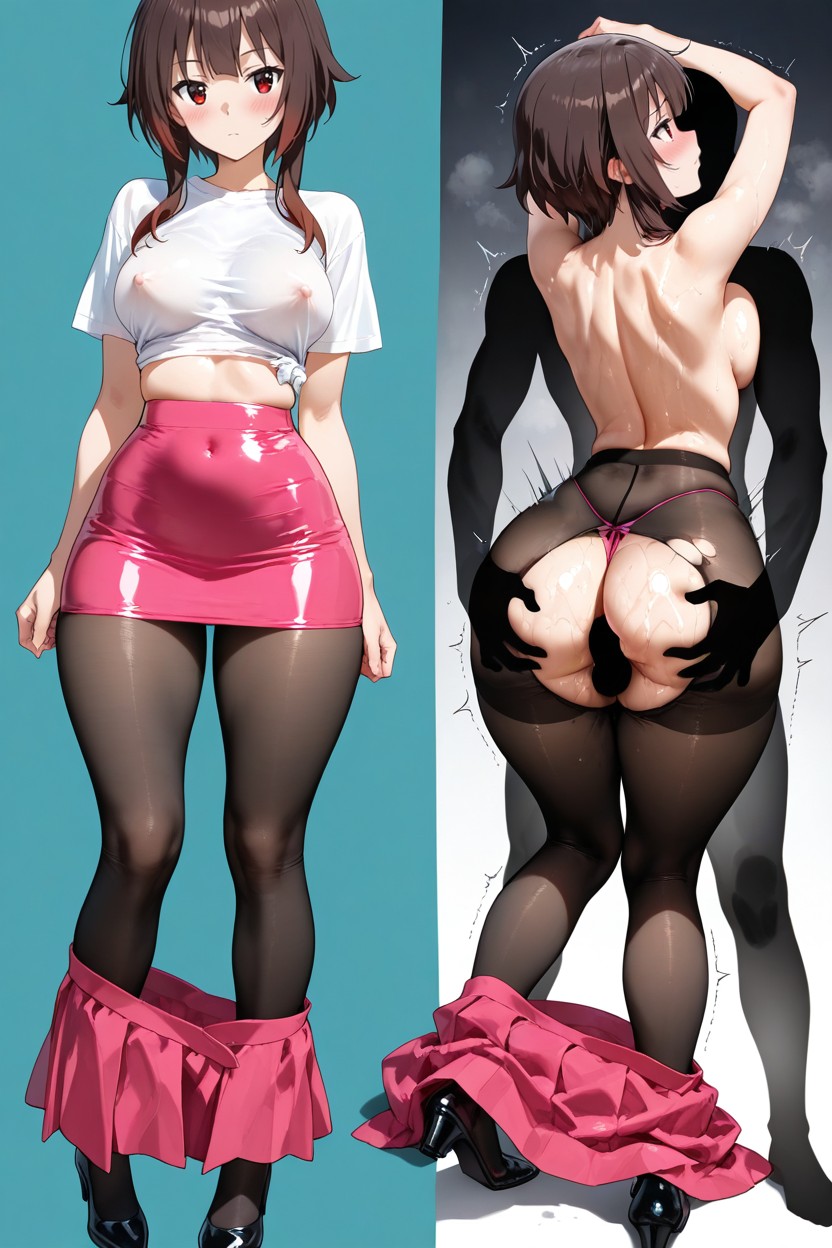 High Waisted Thong Panties Strings Visible, Showing Lots Of Skin, Skirt Around Ankles Hentai AI Porn