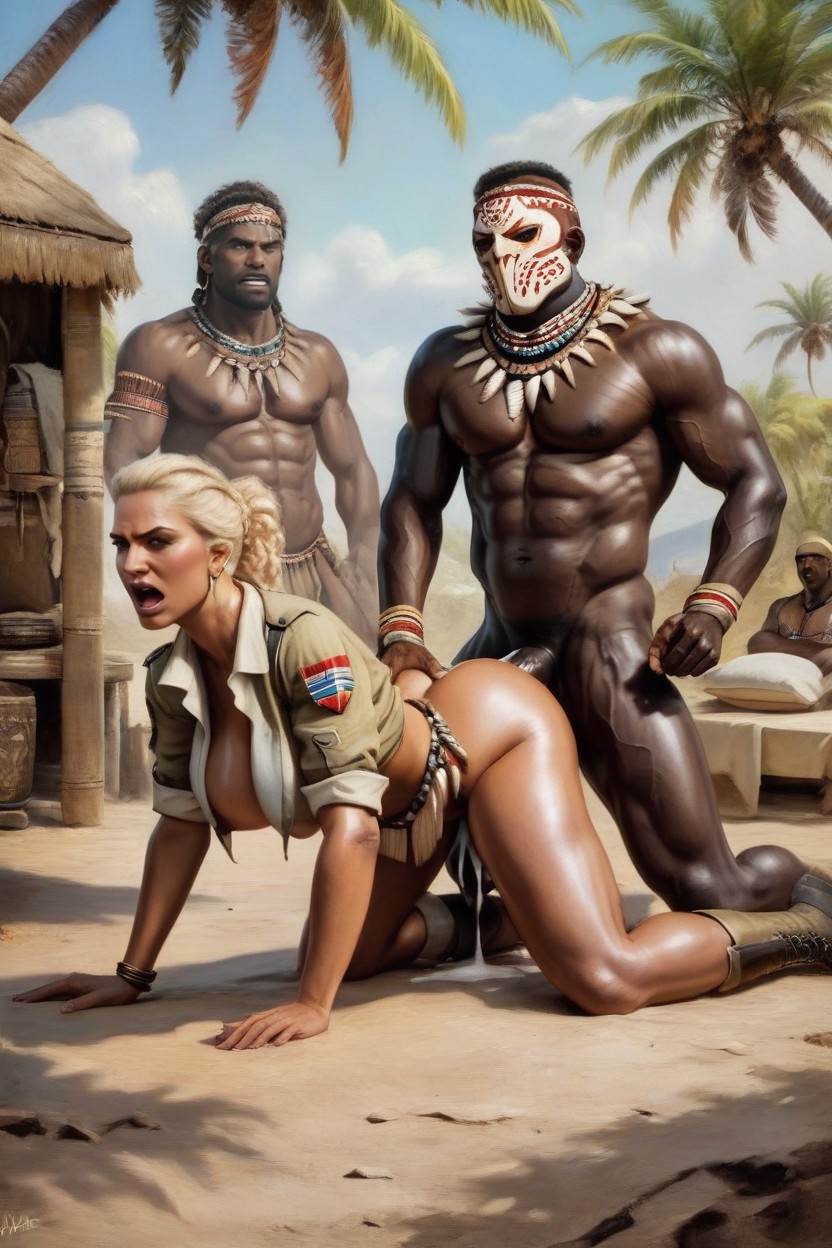 Triceratops Doggystyle, African Tribal Fucks Pale, Male Watches Blonde From Behind AI Porn