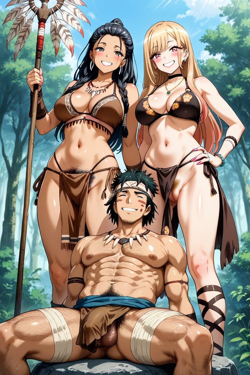 Male, Gojo Standing Next To Marin, Tribal Village Hentai AI Porn