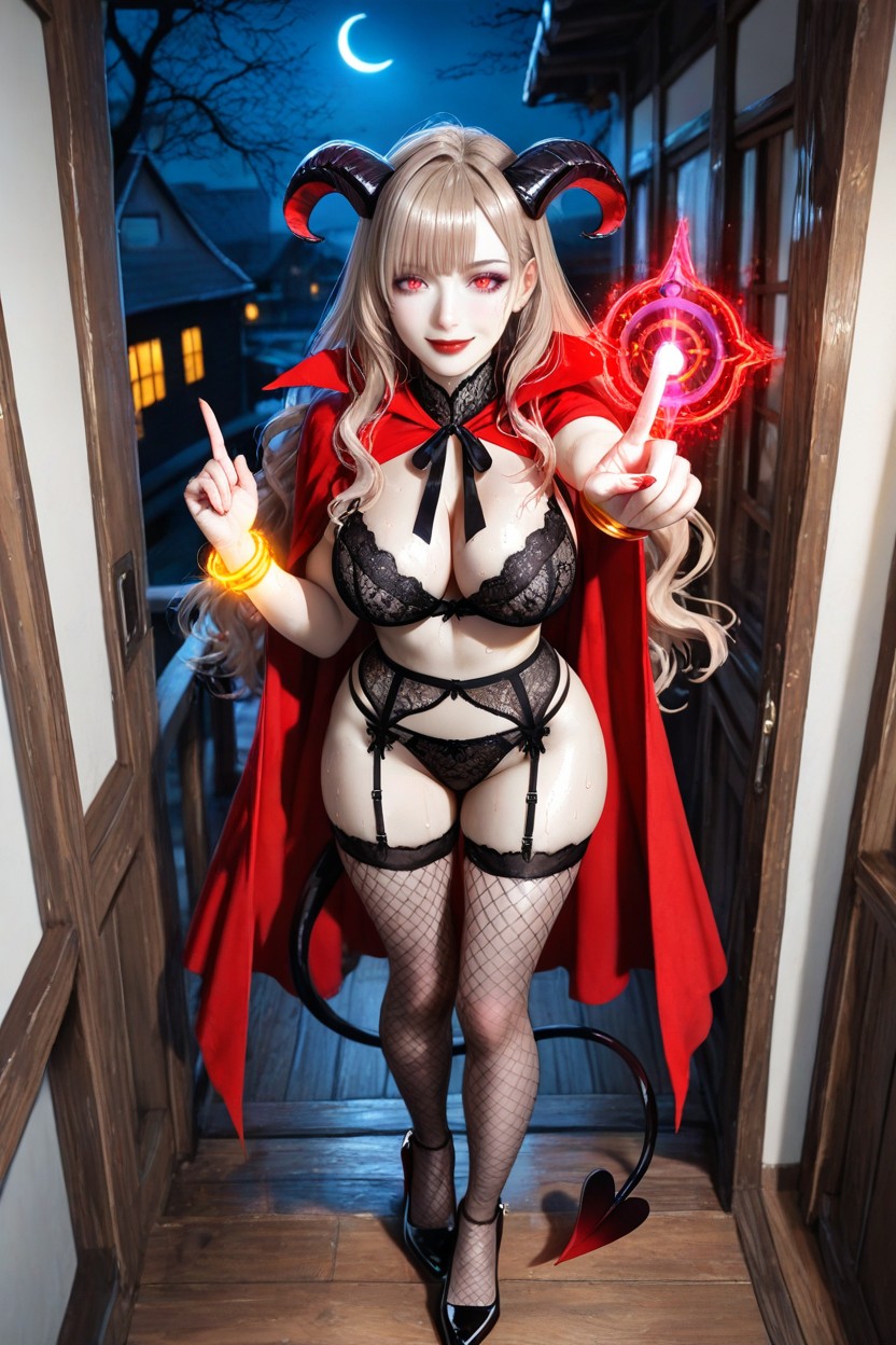 Waist Shot, In Front Of House Porch, Red Eyes Hentai AI Porn