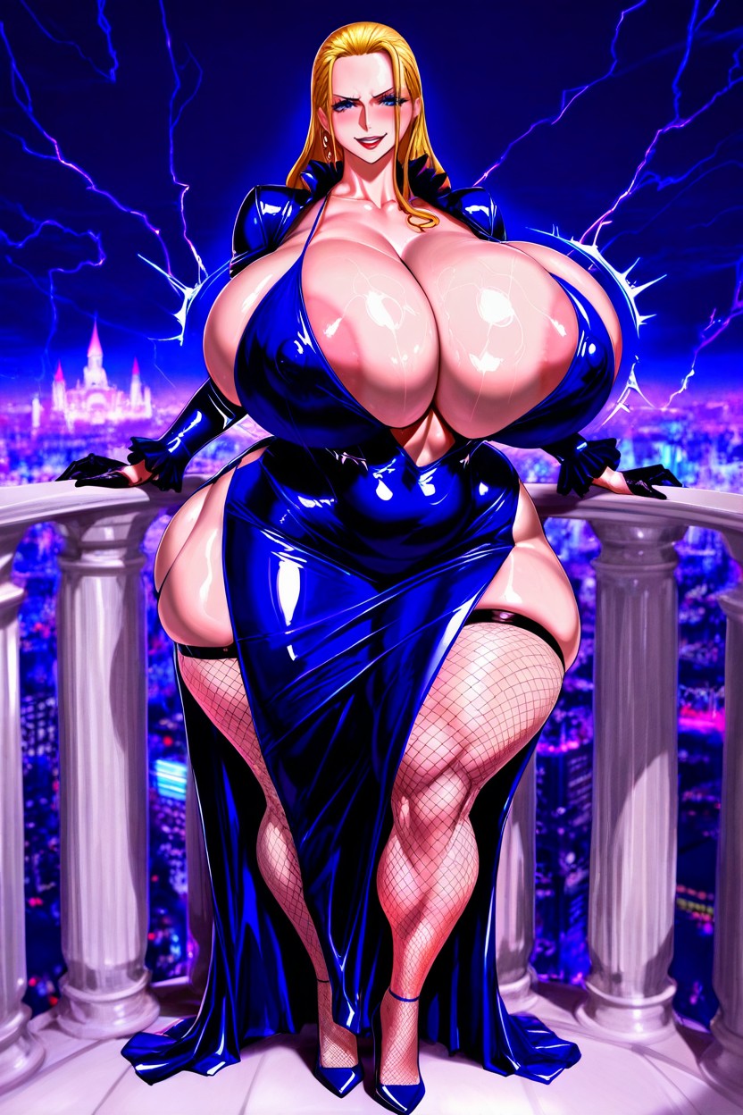 Wasp Waist, Long Sleeved Hip Length Dress With Low Plunging Neckline, Standing AI Porn