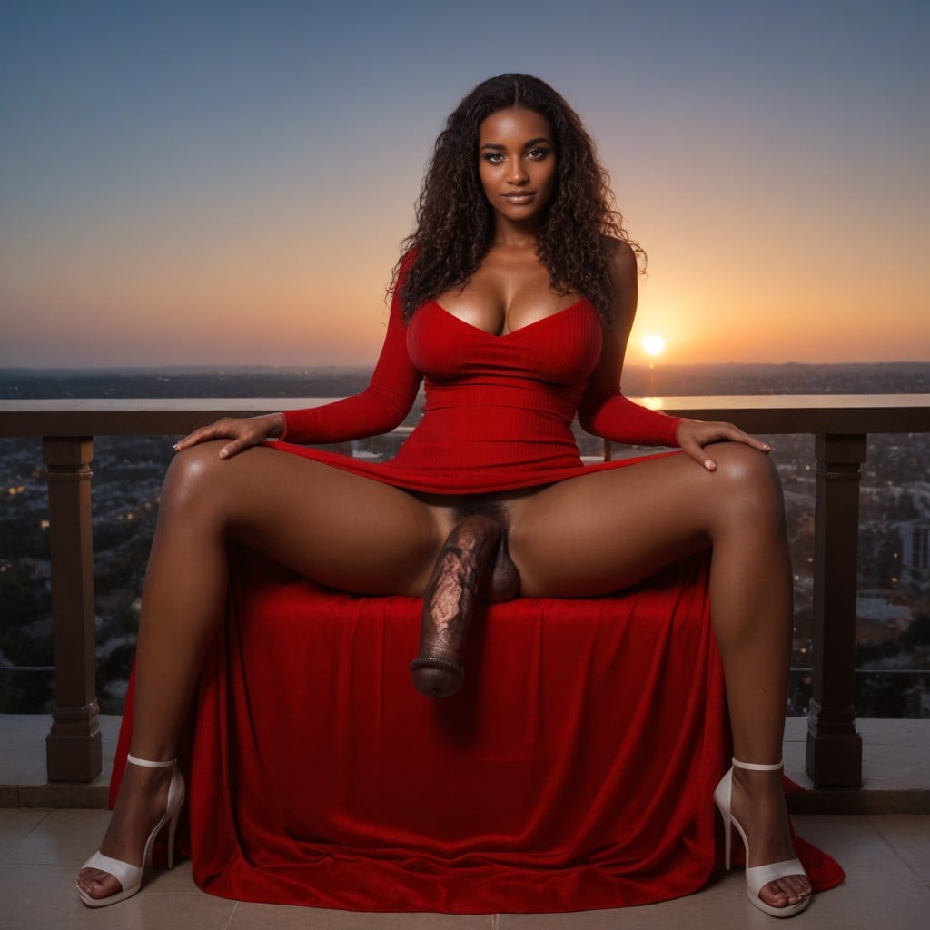 Dress With Slits And Middle Panel, Wavy Caramel Hair, Dim Lighting Shemale AI Porn