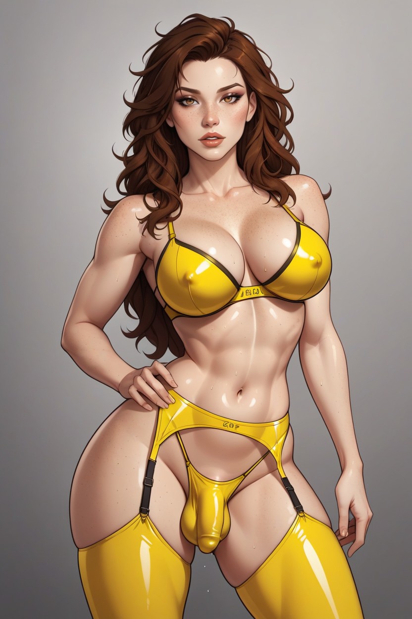 Yellow Nylon Covered Erect Penis Nylon Cock Bulge, Latex Bra, Messy Hair Shemale AI Porn