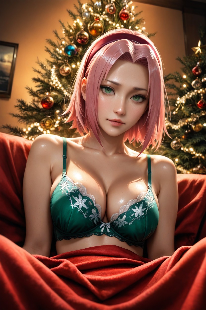 Pink Hair, Red Blanket, Reclined Pose Hentai AI Porn