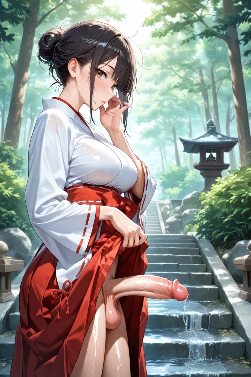 Low Hair Bun, White Kimono, Waist Shot Looking At Viewer Hentai AI Porn