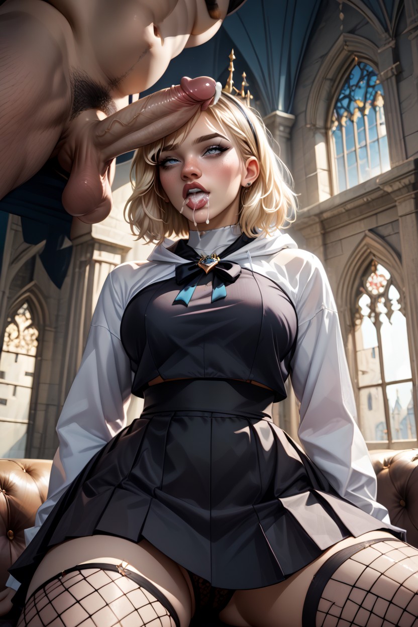 Gwen Stacy Kneeling Infront Of Man, Bottom Up View, 25+ AI Porn
