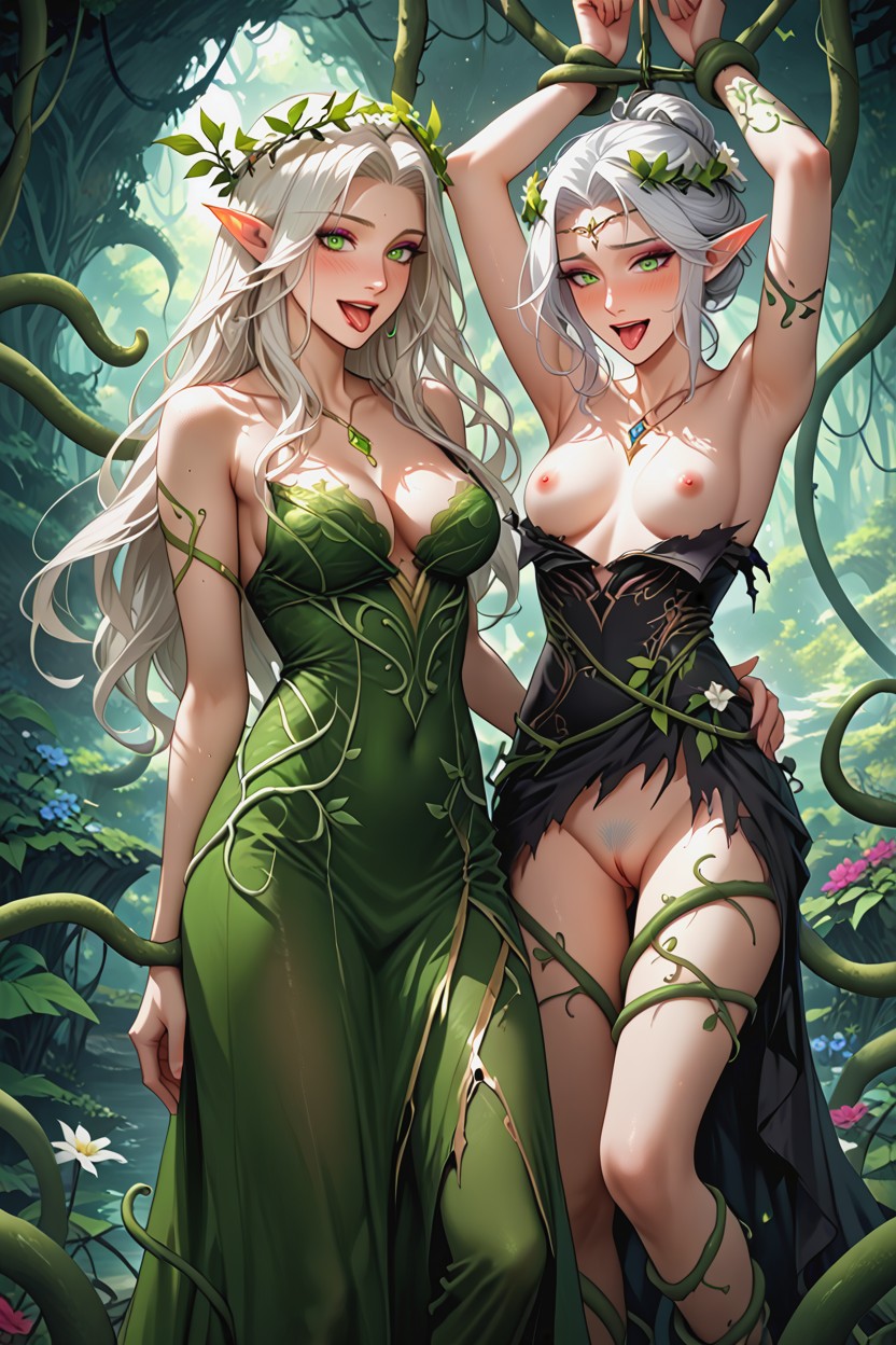 Shocked, Long White Hair Multicilored Hightlights, No Underwear AI Porn