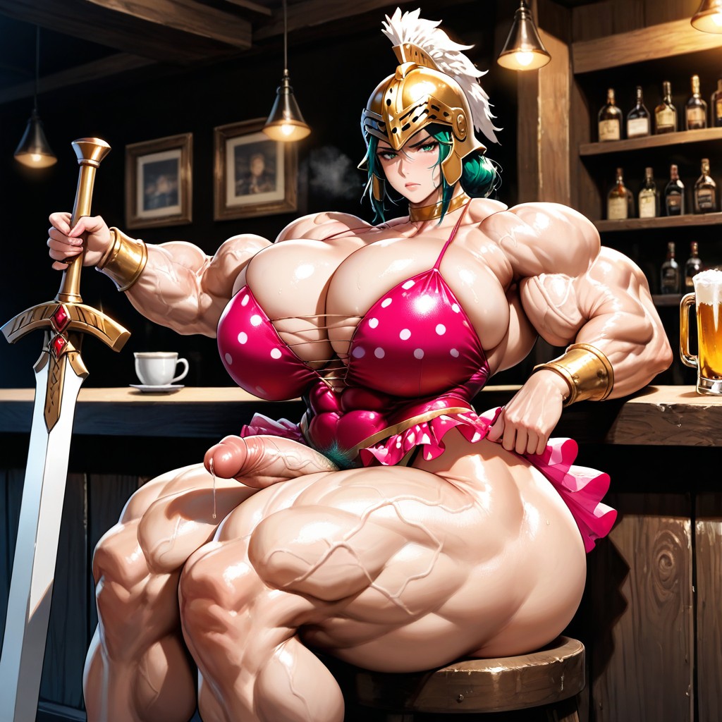 Very Skimpy Dress With Pink Polka Dots, Cleavage, Bodybuilder Hentai AI Porn