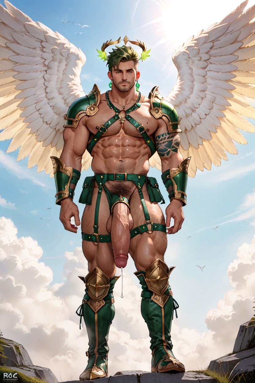 Green Warrior Gloves, Extremely Revealing Armor Muscle, Green Earrings Porno IA Gay