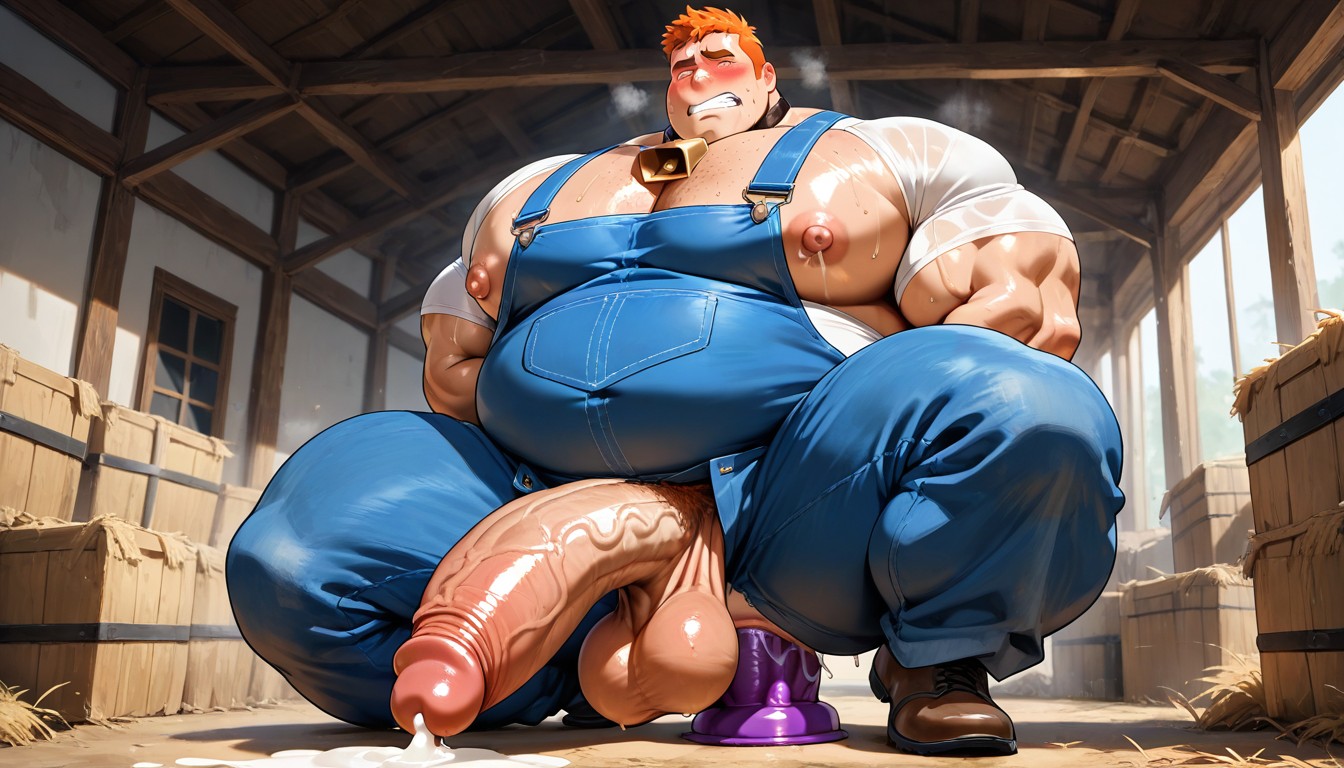 Wearing Blue Overall, Large Pecs, Arms Behind Back Porno IA Gay