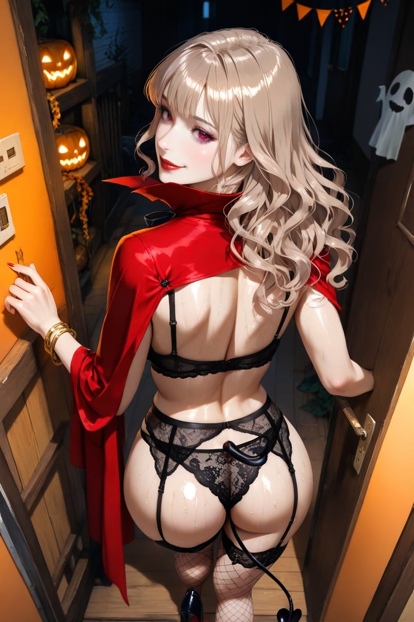 Red Eyes, Top Down View, House Front Yard With Halloween Decorations Hentai AI Porn